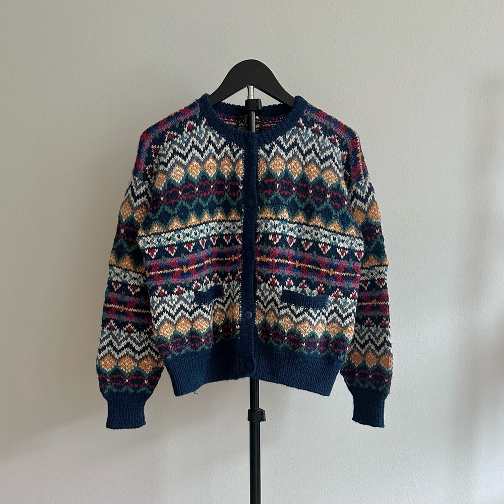 Vintage Casa Bolivian Handknit Alpaca Blue Fair Isle Crew Neck Cardigan Size S